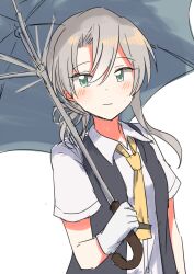 Rule 34 | 1girl, absurdres, asymmetrical hair, collared shirt, dress shirt, flipped hair, gloves, grey eyes, grey hair, grey vest, highres, kantai collection, necktie, nowaki (kancolle), one-hour drawing challenge, robinson (day l full), school uniform, shirt, simple background, solo, umbrella, upper body, vest, white background, white gloves, white shirt, yellow necktie