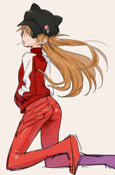 Rule 34 | 1girl, absurdres, black hat, bodysuit, brown background, commentary, evangelion: 3.0 you can (not) redo, eyepatch, from side, hands in pockets, hat, highres, jacket, looking at viewer, looking to the side, motomura kouichi, neon genesis evangelion, orange hair, plugsuit, rebuild of evangelion, red bodysuit, red jacket, simple background, solo, souryuu asuka langley, track jacket