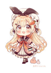 Rule 34 | 1girl, :d, absurdres, animal, animal ears, black sailor collar, blonde hair, blush, boots, bow, brown footwear, brown jacket, carrot hair ornament, chibi, cross-laced footwear, dress, fake animal ears, food-themed hair ornament, full body, hair between eyes, hair ornament, hairclip, hat, highres, jacket, lace-up boots, long hair, looking at viewer, mob cap, open mouth, original, rabbit, rabbit ears, red bow, red eyes, sailor collar, sailor dress, sakura oriko, short sleeves, simple background, smile, solo, standing, translated, two side up, very long hair, white background, white dress, white hat