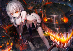 Rule 34 | 1girl, abyssal ship, bent over, black bra, black gloves, black panties, black thighhighs, bra, breasts, cleavage, dark persona, elbow gloves, eye trail, fangs, fingerless gloves, fire, fire, gloves, holster, light trail, md5 mismatch, panties, red eyes, rodney (warship girls r), silver hair, single thighhigh, solo, thigh holster, thigh strap, thighhighs, underwear, underwear only, warship girls r, xiaoyin li