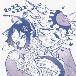 Rule 34 | 1boy, 1girl, alternate hair ornament, anger vein, animal ear fluff, animal ears, aran sweater, blush, cable knit, cat boy, cat day, cat ears, cat girl, cat tail, closed mouth, contemporary, cuddling, dated, douma (kimetsu no yaiba), eyelashes, facing viewer, fingernails, fish boy, frown, hair between eyes, hair ribbon, hand on another&#039;s back, hand on another&#039;s shoulder, head on another&#039;s shoulder, head tilt, heart, hug, kemonomimi mode, kimetsu no yaiba, kochou shinobu, leaning on person, long sleeves, looking at viewer, looking back, monochrome, multicolored hair, naive (day), print hair, ribbon, sharp fingernails, sidelocks, simple background, smile, streaked hair, sweater, tail, turtleneck, turtleneck sweater, twitter username, updo, upper body