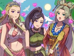 Rule 34 | 3girls, :o, beads, bird, blonde hair, blue eyes, blush, bracelet, breasts, ch1emon i, cleavage, collarbone, dragon quest, dragon quest xi, earrings, full moon, grey hair, hair ornament, heart, highres, jewelry, large breasts, leaning forward, martina (dq11), midriff, moon, multiple girls, necklace, nima daishi, ponytail, purple eyes, purple hair, selen (dq11), thighhighs, tiara