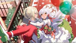 Rule 34 | 2girls, ankle strap, arm around neck, assault lily, balloon, bare shoulders, blonde hair, blush, bow, bowtie, braid, carrying, carrying person, christmas ornaments, christmas tree, closed mouth, collared shirt, colored shoe soles, commentary request, day, detached sleeves, dress, elbow gloves, eye contact, floating hair, frilled sleeves, frills, from above, garland (decoration), gloves, green bow, green dress, grey bow, grey bowtie, grey hair, grey jacket, hair between eyes, hair ornament, hair ribbon, highres, indoors, jacket, knees together feet apart, kon kanaho, layered dress, long hair, long sleeves, looking at another, miyagawa takane, multicolored clothes, multicolored dress, multiple girls, nose blush, official alternate costume, official alternate hairstyle, official art, open clothes, open jacket, open mouth, pantyhose, pentagon (railgun ky1206), plaid, plaid bow, princess carry, print dress, print pantyhose, profile, puffy detached sleeves, puffy short sleeves, puffy sleeves, purple eyes, railing, raised eyebrows, red bow, red dress, red pantyhose, red ribbon, ribbon, santa dress, shadow, shirt, shoe soles, shoes, short hair, short sleeves, side braid, sidelocks, sleeveless, sleeveless dress, smile, sparkle print, standing, star (symbol), very long hair, watermark, white dress, white footwear, white gloves, white shirt, wide sleeves, yellow eyes, yuri