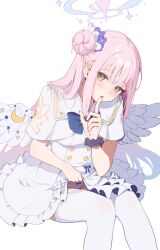 Rule 34 | 1girl, angel wings, blue archive, blush, capelet, clothes pull, commentary, crescent, crescent pin, dress, feathered wings, feet out of frame, fingernails, flower, frilled dress, frills, hair bun, hair flower, hair ornament, halo, highres, index finger raised, long hair, looking at viewer, mika (blue archive), open mouth, panties, pantyhose, pantyhose pull, pink hair, pink halo, purple flower, simple background, single side bun, smile, solo, symbol-only commentary, underwear, white background, white capelet, white dress, white panties, white pantyhose, white wings, wings, yamiiv, yellow eyes