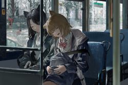 Rule 34 | 1other, 2girls, animal ears, backpack, bag, black hair, blue coat, bow, bowtie, brown hair, bus, bus interior, cat ears, closed eyes, closed mouth, coat, commentary request, highres, holding, holding bag, long hair, long sleeves, motor vehicle, multiple girls, open mouth, original, red bow, red bowtie, sann, school uniform, shirt, short hair, sleeping, teeth, umbrella, upper teeth only, white shirt