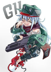 Rule 34 | 1girl, akaimame, assault rifle, bandana, bullpup, caseless firearm, character name, g11 (girls&#039; frontline), girls&#039; frontline, green jacket, gun, h&amp;k g11, hat, highres, horizontal magazine, jacket, knee pads, long hair, one eye closed, open mouth, personification, prototype design, red footwear, rifle, rubbing eyes, shirt, shoes, silver hair, simple background, sleepy, sleeveless, sleeveless shirt, sneakers, solo, weapon, yawning, yellow eyes