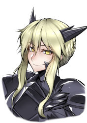 Rule 34 | 1girl, absurdres, armor, artoria pendragon (all), artoria pendragon (fate), artoria pendragon (lancer alter) (fate), black armor, blonde hair, breastplate, closed mouth, fate/grand order, fate (series), gggg, hair between eyes, highres, horns, looking at viewer, platinum blonde hair, portrait, saber (fate), saber alter, short hair, sidelocks, smile, solo, tsurime, yellow eyes