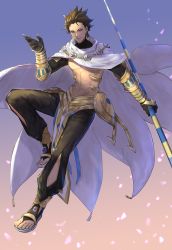 Rule 34 | 1boy, abs, ahoge, bare pectorals, black gloves, brown hair, cape, dark skin, dark-skinned male, egyptian, egyptian clothes, fate/grand order, fate/prototype, fate/prototype: fragments of blue and silver, fate (series), full body, gauntlets, gloves, holding, holding staff, jewelry, male focus, manly, muscular, necklace, ozymandias (fate), pectorals, revision, topless male, shrug (clothing), simple background, solo, staff, white cape, yellow eyes, yepnean