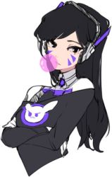 Rule 34 | 1girl, alternate color, alternate eye color, alternate hair color, animal print, black eyes, black hair, bodysuit, blowing bubbles, chewing gum, colorized, cropped torso, crossed arms, d.va (overwatch), facepaint, facial mark, gloves, headphones, high collar, long sleeves, looking at viewer, mwo imma hwag, overwatch, overwatch 1, pilot suit, rabbit, rabbit print, simple background, solo, turtleneck, whisker markings, white background, white gloves
