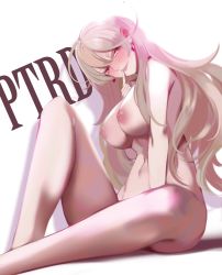 Rule 34 | 1girl, absurdres, blonde hair, blush, breasts, character name, closed mouth, earrings, finger to mouth, from side, girls&#039; frontline, hand on floor, highres, jewelry, large breasts, lips, long hair, looking at viewer, mole, mole under eye, nipples, nude, ohc., on floor, ptrd (girls&#039; frontline), purple eyes, sitting, solo, white background