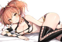 Rule 34 | 10s, 1girl, argyle, ass, bed sheet, bikini, bikini top only, black thighhighs, breasts, cleavage, clothing cutout, collarbone, crop top, cross-laced clothes, cross-laced cutout, earrings, idolmaster, idolmaster cinderella girls, jewelry, jougasaki mika, large breasts, looking at viewer, luse maonang, lying, on side, parted lips, pink hair, short shorts, shorts, smile, solo, stud earrings, swimsuit, thighhighs, twintails, wavy hair, white background, yellow eyes