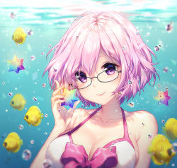 Rule 34 | 1girl, air bubble, bare shoulders, black-framed eyewear, blush, bubble, closed mouth, collarbone, day, fate/grand order, fate (series), fish, halterneck, holding, looking at viewer, mash kyrielight, mash kyrielight (swimsuit of perpetual summer), official alternate costume, one-piece swimsuit, pink hair, purple eyes, rosuuri, saint quartz (fate), short hair, smile, solo, swimsuit, underwater, white one-piece swimsuit