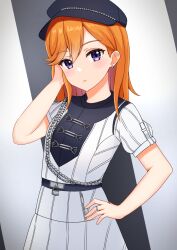Rule 34 | 1girl, black hat, blush, commentary request, dress, ear piercing, hand on own hip, hat, highres, jewelry, lock, looking at viewer, love live!, love live! superstar!!, medium hair, orange hair, parted lips, piercing, purple eyes, ring, second sparkle, shibuya kanon, short sleeves, sikamiya, solo, standing, upper body, white dress, zipper