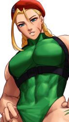 Rule 34 | 1girl, abs, bare shoulders, blonde hair, blue eyes, breasts, cammy white, from below, green leotard, hat, highleg, highleg leotard, highres, large breasts, leotard, lips, long hair, long sleeves, looking at viewer, sleeveless, sotcho, street fighter, very long hair, wide hips