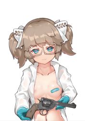 Rule 34 | areola slip, bandaid, bandaids on nipples, blue eyes, blue gloves, brown hair, collarbone, girls&#039; frontline, gloves, goggles, gun, hair ribbon, handgun, heart, heart-shaped pupils, highres, holding, holding gun, holding weapon, navel, open clothes, open shirt, pasties, revolver, ribbon, shirt, short hair, short twintails, simple background, smile, solo, stmast, symbol-shaped pupils, twintails, upper body, weapon, webley (girls&#039; frontline), white background, white ribbon, white shirt