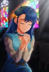 Rule 34 | 1girl, blue hair, choker, church, dragon quest, dragon quest vi, dress, closed eyes, highres, kurotama saki, long hair, own hands clasped, own hands together, praying, solo, stained glass, tania (dq6)