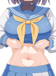 Rule 34 | 1girl, absurdres, black hat, blue archive, blue sailor collar, blue skirt, breasts, commentary request, hat, head out of frame, highres, ikurage (namakurage 13), large breasts, long sleeves, midriff, navel, neckerchief, sailor collar, saki (blue archive), short hair, simple background, skirt, solo, stomach, white background, yellow neckerchief