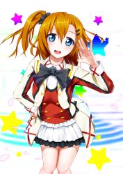 Rule 34 | 10s, 1girl, :d, bad id, bad pixiv id, blue eyes, brown hair, frilled skirt, frills, hair ornament, hairclip, hand on own hip, henet hene, kosaka honoka, leaning forward, looking at viewer, love live!, love live! school idol festival, love live! school idol project, open mouth, side ponytail, skirt, smile, solo, waving