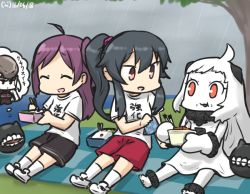 Rule 34 | 10s, 3girls, :d, ^ ^, abyssal ship, ahoge, black hair, casual, closed eyes, colored skin, commentary, dated, destroyer water oni, eating, escort fortress (kancolle), closed eyes, food, food on face, gym shorts, gym uniform, hagikaze (kancolle), hamu koutarou, handkerchief, horns, kantai collection, long hair, mittens, multiple girls, northern ocean princess, bento, open mouth, orange eyes, ponytail, purple hair, rain, red eyes, rice, rice on face, shorts, side ponytail, smile, thought bubble, tree, white hair, white legwear, white skin, yahagi (kancolle)