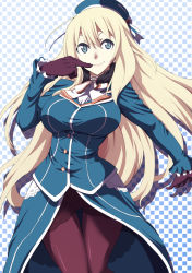 Rule 34 | 10s, 1girl, atago (kancolle), blonde hair, breasts, checkered background, gloves, hat, highres, kantai collection, large breasts, long hair, military, military uniform, natsumi chorisuke, pantyhose, smile, solo, uniform