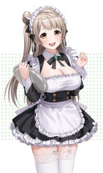 Rule 34 | 1girl, alternate costume, apron, black ribbon, blunt bangs, blush, breasts, cleavage, commentary, commission, cowboy shot, enmaided, garter straps, hair ribbon, hands up, highres, holding, holding plate, large breasts, long hair, long sleeves, looking at viewer, love live!, love live! school idol project, maid, maid apron, maid headdress, minami kotori, miniskirt, one side up, open mouth, parted bangs, pixiv commission, plate, polka dot, polka dot background, ribbon, skirt, smile, solo, teeth, thighhighs, translated, upper teeth only, utamo (utautamomo), white thighhighs