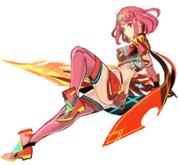 Rule 34 | 1girl, aegis sword (xenoblade), black gloves, bob cut, boots, breasts, circlet, closed eyes, closed mouth, fingerless gloves, full body, gloves, highres, holding, holding sword, holding weapon, medium breasts, medium hair, pyra (xenoblade), red eyes, red footwear, red hair, red shorts, shorts, simple background, solo, swept bangs, sword, thigh boots, tim (a9243190a), weapon, white background, xenoblade chronicles (series), xenoblade chronicles 2