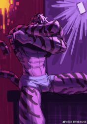 Rule 34 | 1boy, abs, absurdres, animal ears, arknights, bara, boxers, clothes lift, covered face, facial hair, furry, furry male, goatee, highres, large hands, lifted by self, looking at viewer, male focus, male underwear, mountain (arknights), muscular, muscular male, purple theme, shirt lift, short hair, sideways glance, sitting, sketch background, solo, split screen, spread legs, stomach, thick eyebrows, tiger boy, tiger ears, topless male, underpec, underwear, undressing, white hair, yingou li de wenyi zhi yuan