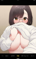 Rule 34 | 1girl, black-framed eyewear, blush, breasts, brown eyes, brown hair, clothes lift, commentary request, covering own mouth, glasses, large breasts, lifted by self, long sleeves, looking at viewer, original, round eyewear, selfie, short hair, solo, sweater, sweater lift, terazip, upper body, white sweater