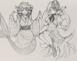 Rule 34 | 2girls, animal, animal on head, bird, bird on head, bird wings, carbohydrate (asta4282), chick, closed mouth, covered navel, dress, drill hair, drill sidelocks, fins, full body, head fins, highres, japanese clothes, kimono, long sleeves, looking at viewer, mermaid, monster girl, multicolored hair, multiple girls, musical note, niwatari kutaka, on head, sash, shirt, short sleeves, sidelocks, smile, touhou, traditional media, twitter username, two-tone hair, wakasagihime, wide sleeves, wings