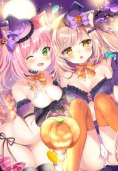 Rule 34 | 2girls, animal ear fluff, animal ears, arm garter, bare shoulders, bat (animal), black gloves, black legwear, blonde hair, blush, bow, bow choker, bra, breasts, candy, cat ears, cat tail, cleavage, cross-laced clothes, cross-laced top, food, frilled bra, frills, gloves, green eyes, hair bow, hair ribbon, halloween, hamico, hat, hat bow, highres, jack-o&#039;-lantern, large breasts, lollipop, long hair, mini hat, moon, multiple girls, navel, night, night sky, one side up, open mouth, orange bow, orange legwear, orange neckwear, original, panties, pink hair, purple bow, purple gloves, purple panties, purple ribbon, purple skirt, ribbon, side-tie panties, skirt, sky, stomach, striped clothes, striped legwear, striped thighhighs, swept bangs, tail, thighhighs, two side up, underwear, vertical-striped clothes, vertical-striped thighhighs, white panties, witch hat, yellow eyes