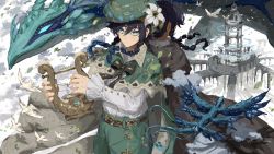 Rule 34 | 2boys, androgynous, animal, back-to-back, bad id, bad twitter id, beret, bird, black hair, blue hair, bow, braid, brown cloak, cape, chasefox, cloak, collared cape, collared shirt, commentary, dragon, dvalin (genshin impact), english commentary, flower, frilled sleeves, frills, genshin impact, gradient hair, green eyes, green headwear, green shorts, hat, hat flower, highres, holding, holding instrument, instrument, leaf, long sleeves, looking at viewer, lyre, male focus, multicolored hair, multiple boys, nameless bard (genshin impact), ruins, shirt, short hair with long locks, shorts, smile, twin braids, venti (genshin impact), white flower, white shirt