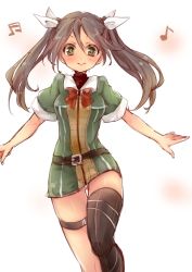 Rule 34 | 10s, 1girl, blush, green eyes, hair ribbon, kantai collection, long hair, looking at viewer, looking back, musical note, panties, ribbon, single thighhigh, smile, solo, thighhighs, tobi (one), tone (kancolle), twintails, underwear, white background