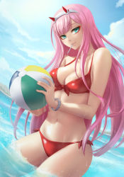 Rule 34 | 1girl, ball, bare arms, bare shoulders, beachball, bikini, blue sky, bracelet, breasts, cleavage, cloud, commentary, cowboy shot, darling in the franxx, day, dinotje, dutch angle, english commentary, eyeshadow, front-tie bikini top, front-tie top, green eyes, groin, hairband, holding, horns, jewelry, long hair, looking at viewer, makeup, medium breasts, mouth hold, navel, outdoors, pink hair, red bikini, side-tie bikini bottom, sky, smile, solo, standing, stomach, swimsuit, thighs, very long hair, wading, water, white hairband, zero two (darling in the franxx)