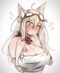 Rule 34 | adahams, animal ears, blush, breasts, elbow pads, fox, fox ears, goggles, goggles on head, green eyes, grey hair, hair flaps, halterneck, halterneck, highres, large breasts, lily the mechanic, lost pause, mechanic, solo, upper body