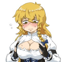 Rule 34 | 1girl, @ @, black gloves, blonde hair, blush, braid, breasts squeezed together, breasts, bseibutsu, cleavage, cleavage cutout, clothing cutout, cookie (touhou), eyebrows hidden by hair, flying sweatdrops, frown, gloves, hair between eyes, kirisame marisa, large breasts, looking down, mars (cookie), partially fingerless gloves, puffy sleeves, side braid, solo, sweat, touhou, underbust, upper body, yellow eyes