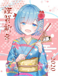 Rule 34 | 1girl, 2020, :d, bad id, bad pixiv id, blue eyes, blue hair, blue kimono, blush, flower, hair flower, hair ornament, half-closed eyes, head tilt, highres, holding, iren lovel, japanese clothes, kimono, long sleeves, looking at viewer, nengajou, new year, obi, open mouth, pink flower, print kimono, re:zero kara hajimeru isekai seikatsu, rem (re:zero), sash, short hair, smile, solo, standing, upper body, x hair ornament