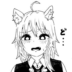 Rule 34 | ..., 1girl, ahoge, animal ear fluff, animal ears, asymmetrical hair, blush, bright pupils, collared shirt, commentary request, cookie (touhou), fang, fox ears, fox girl, greyscale, highres, looking at viewer, medium hair, miramikaru riran, monochrome, necktie, open mouth, portrait, psychic parrot, raised eyebrow, shirt, sidelocks, simple background, solo, vest
