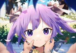 Rule 34 | 1girl, absurdres, ap04astral, black bow, blue eyes, blue sailor collar, bow, hair bow, hands on another&#039;s cheeks, hands on another&#039;s face, highres, hiiragi kagami, light smile, long hair, looking at viewer, lucky star, pov, pov hands, purple hair, sailor collar, school uniform, serafuku, tagme, twintails
