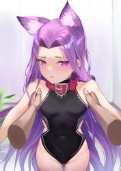 Rule 34 | 1boy, 1girl, animal ear fluff, bare shoulders, black leotard, blush, breasts, buckle, collar, covered navel, cowboy shot, disembodied hand, fate/grand order, fate (series), forehead, groin, highres, indoors, kemonomimi mode, leotard, long hair, looking at viewer, medusa (fate), medusa (lancer) (fate), open clothes, pov, purple eyes, purple hair, rider, rui rubellent, small breasts, solo focus, straight hair, sweat, very long hair