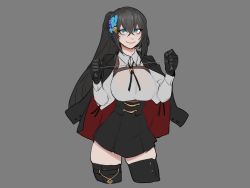 Rule 34 | 1girl, absurdres, black gloves, black hair, black skirt, blue eyes, breasts, commentary, cowboy shot, cropped legs, english commentary, flower, garrote, gloves, grey background, hair between eyes, hair flower, hair ornament, high-waist skirt, highres, jacket, jacket on shoulders, large breasts, less, long hair, long sleeves, looking at viewer, original, ponytail, shirt, simple background, skindentation, skirt, smile, solo, thighhighs, white shirt, wing collar, zettai ryouiki