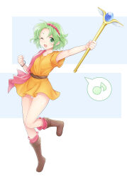 Rule 34 | 1girl, ;d, absurdres, boots, brown footwear, dress, fire emblem, fire emblem: thracia 776, green eyes, green hair, hairband, ham pon, highres, holding, holding staff, leg up, musical note, nintendo, one eye closed, open mouth, orange dress, outstretched arms, red hairband, short hair, smile, solo, spoken musical note, staff, tina (fire emblem)