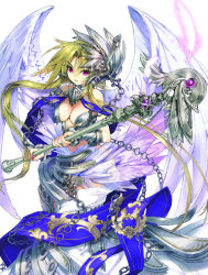 Rule 34 | 1girl, angel wings, arm guards, armor, bare shoulders, breasts, cleavage, feathers, green hair, headgear, long hair, md5 mismatch, medium breasts, navel, original, parted lips, purple eyes, sanbasou, solo, staff, very long hair, wings