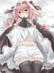 Rule 34 | 1boy, apron, astolfo (fate), bad id, bad pixiv id, bed sheet, black bow, black dress, black thighhighs, bloomers, blush, bow, bowtie, braid, chieezuik, closed mouth, clothes lift, commentary request, dot nose, dot pupils, dress, dress lift, fate/apocrypha, fate (series), frilled apron, frills, furrowed brow, hair between eyes, hair bow, hair intakes, hands up, lifting own clothes, long hair, looking at viewer, lying, maid, maid apron, maid headdress, male focus, mouth hold, multicolored hair, navel, official alternate costume, on back, parted bangs, petticoat, pink eyes, pink hair, puffy sleeves, single braid, solo, stomach, streaked hair, thighhighs, trap, two-tone hair, underwear, white apron, white bloomers, white bow, white bowtie, white hair