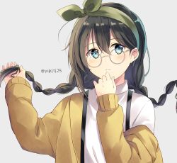 Rule 34 | 1girl, alternate hairstyle, artist name, bad id, bad twitter id, braid, glasses, hair between eyes, highres, holding, holding own hair, kantai collection, ribbon, shigure (kancolle), simple background, solo, twin braids, yukichi (eikichi)