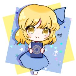 Rule 34 | 1girl, alice margatroid, alice margatroid (pc-98), blonde hair, blue dress, blush, book, dress, esist hourai, highres, holding, holding book, looking at viewer, short hair, smile, solo, standing, star (symbol), touhou, touhou (pc-98), yellow eyes