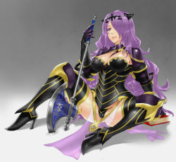 Rule 34 | 1girl, absurdres, armor, axe, breasts, cameltoe, camilla (fire emblem), cleavage, fire emblem, fire emblem fates, highres, hottiku, looking at viewer, nintendo, pelvic curtain, purple hair, sitting, solo, spread legs, tiara, weapon