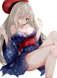 Rule 34 | 1girl, absurdres, barefoot, beret, braid, breasts, closed mouth, collarbone, damaged, g36c (girls&#039; frontline), g36c (ode to summer) (girls&#039; frontline), girls&#039; frontline, grey hair, hair over one eye, hat, head tilt, highres, japanese clothes, kimono, large breasts, long hair, looking at viewer, obi, off shoulder, official alternate costume, red eyes, red hair, ru zhai, sash, simple background, single braid, solo, torn clothes, torn kimono, very long hair, white background