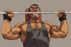 Rule 34 | 1boy, armpit hair, armpit peek, bara, barbell, beard stubble, bench press, chest hair, clenched teeth, exercising, facial hair, glasses, grey tank top, large pectorals, male focus, muscular, muscular male, original, pectorals, short hair, sidepec, solo, stubble, sweat, tank top, teeth, unspoken (firebreath110), upper body, very sweaty, weightlifting