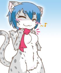 Rule 34 | 1girl, akio asahi, blue hair, blush, breasts, closed eyes, female focus, furry, furry female, gradient background, leopard, musical note, naked scarf, scarf, short hair, solo, spoken musical note, white background