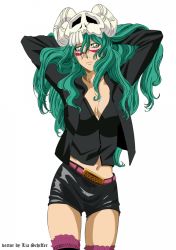 Rule 34 | 00s, 1girl, arms up, arrancar, artist request, bleach, breasts, casual, cleavage, facial mark, green eyes, green hair, grey eyes, hollow (bleach), large breasts, long hair, matching hair/eyes, midriff, nelliel tu odelschwanck, number tattoo, skull, solo, tattoo, textless version, thighhighs, transparent background, vector trace